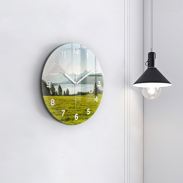 Round glass clock Mountains and field