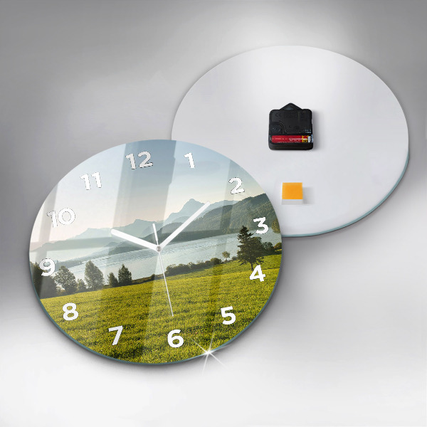 Round glass clock Mountains and field