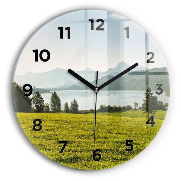 Round glass clock Mountains and field