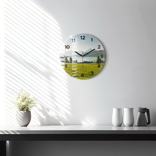 Round glass clock Mountains and field