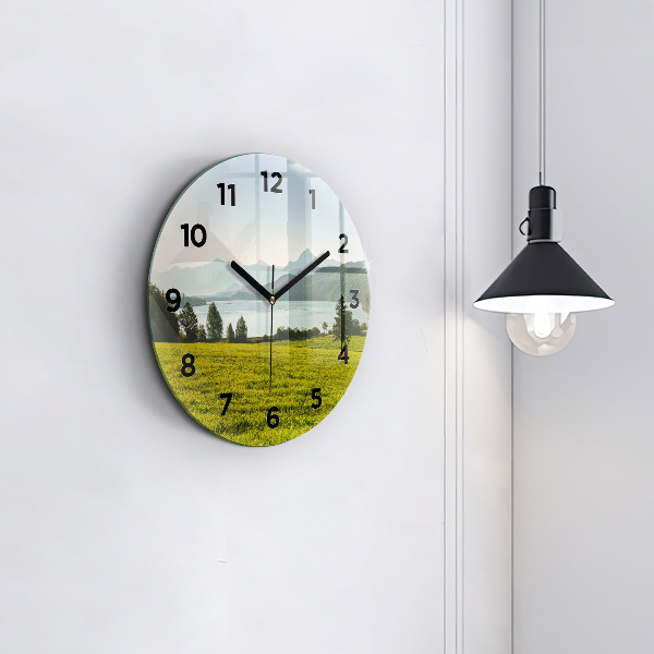 Round glass clock Mountains and field