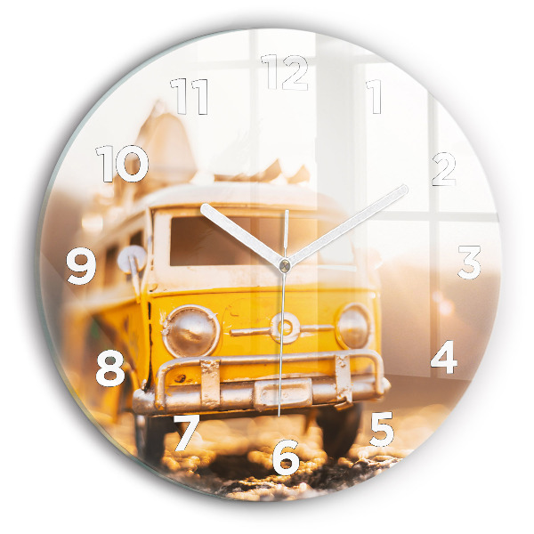 Round glass clock Car on vacation