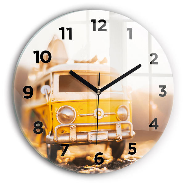 Round glass clock Car on vacation