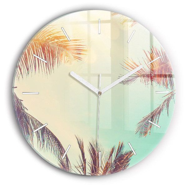 Round glass clock Tropical palm trees