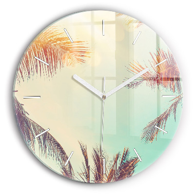 Round glass clock Tropical palm trees