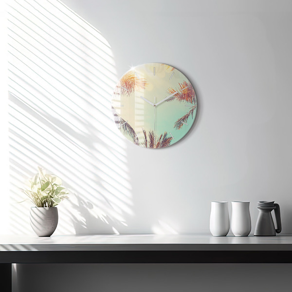 Round glass clock Tropical palm trees