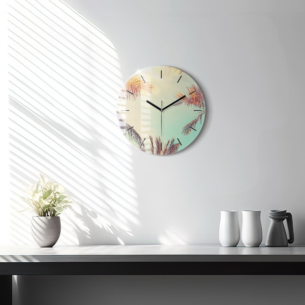 Round glass clock Tropical palm trees