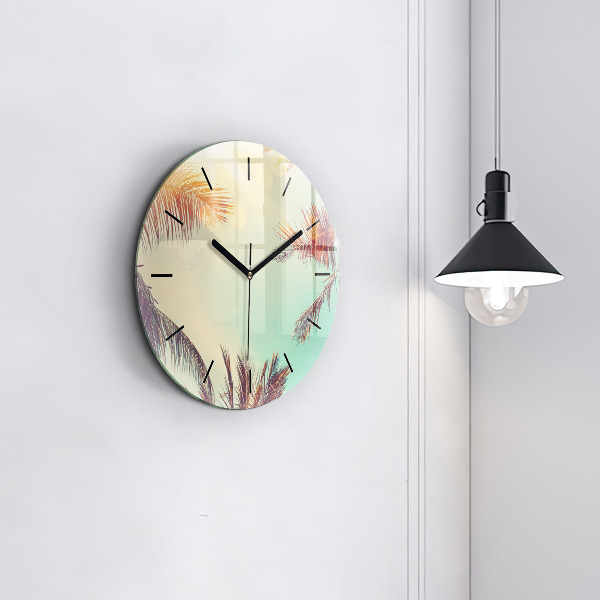 Round glass clock Tropical palm trees
