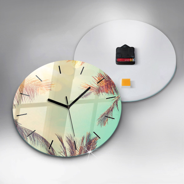 Round glass clock Tropical palm trees