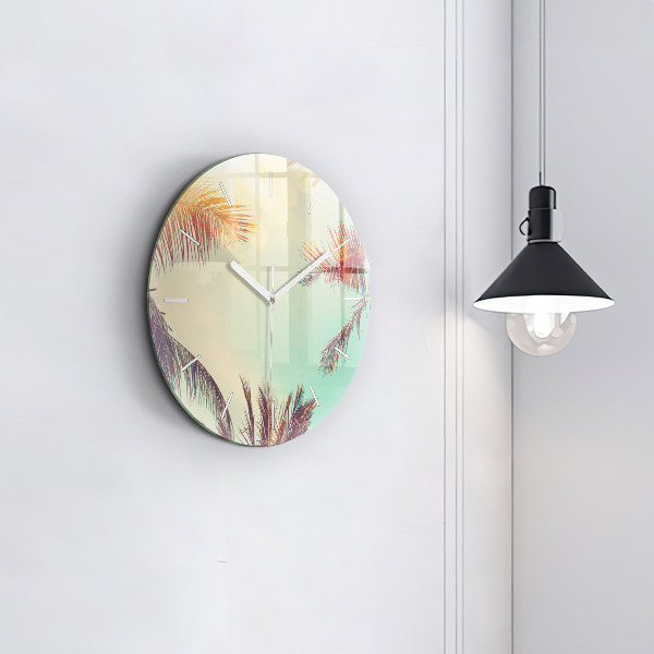 Round glass clock Tropical palm trees