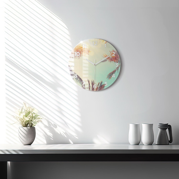 Round glass clock Tropical palm trees