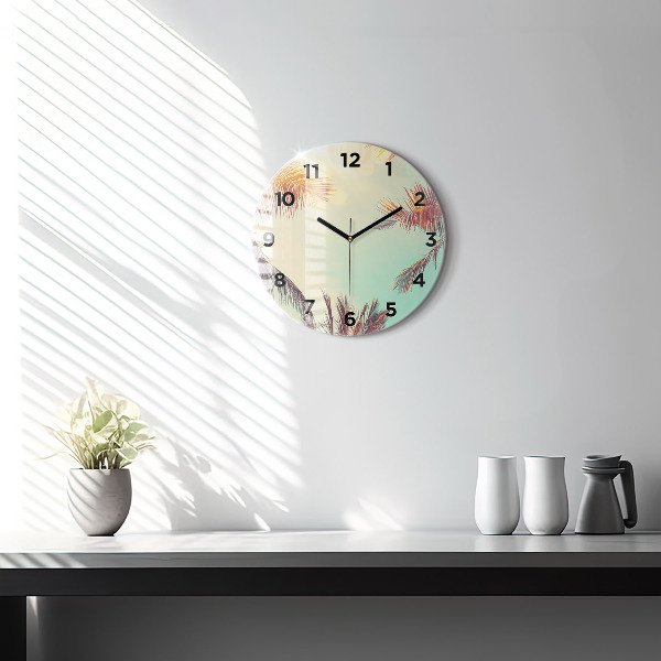 Round glass clock Tropical palm trees