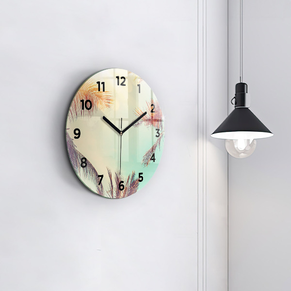 Round glass clock Tropical palm trees