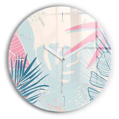 Round glass clock Pastel Leaves – Tropics