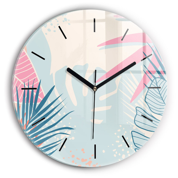 Round glass clock Pastel Leaves – Tropics