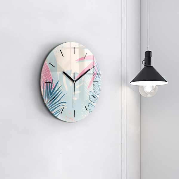 Round glass clock Pastel Leaves – Tropics