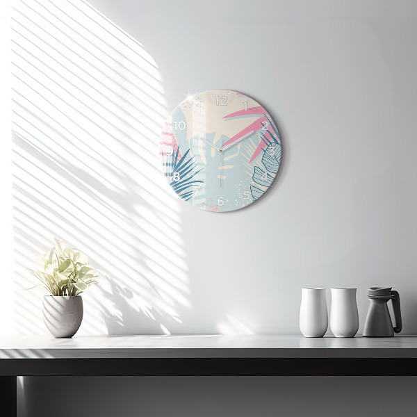 Round glass clock Pastel Leaves – Tropics
