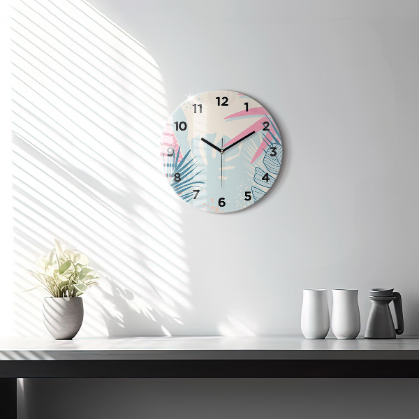 Round glass clock Pastel Leaves – Tropics