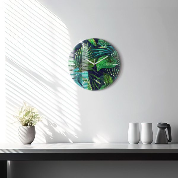 Round glass clock Exotic leaves