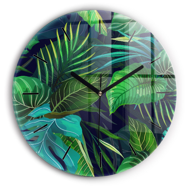 Round glass clock Exotic leaves
