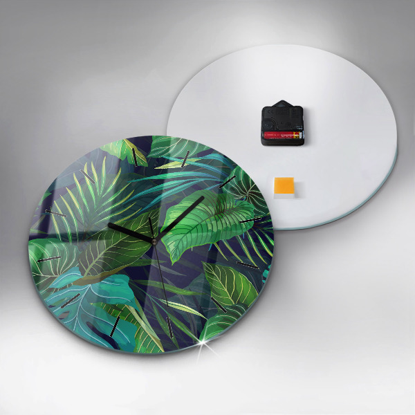 Round glass clock Exotic leaves