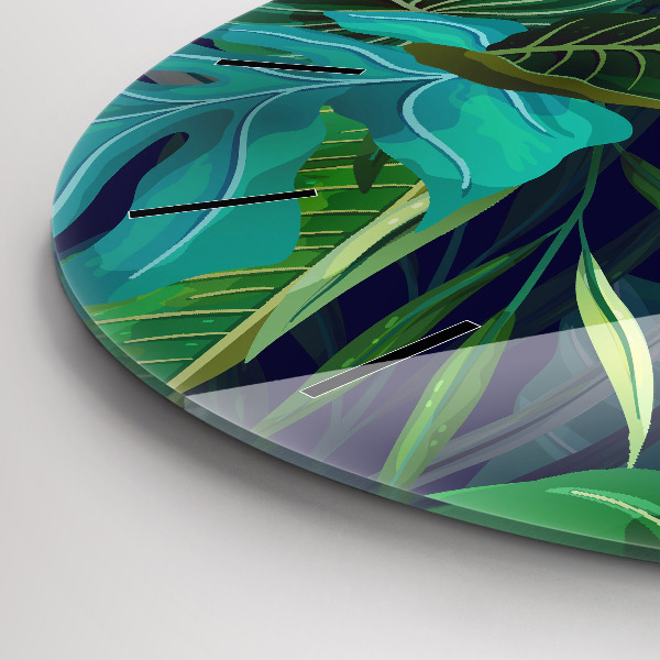 Round glass clock Exotic leaves