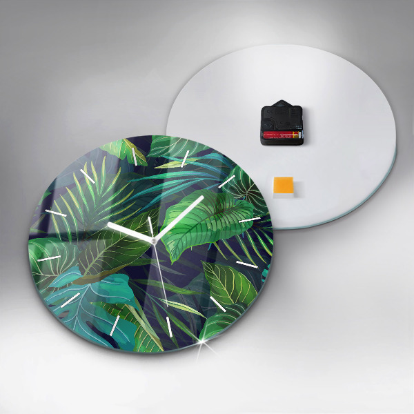 Round glass clock Exotic leaves