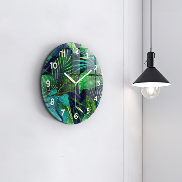 Round glass clock Exotic leaves