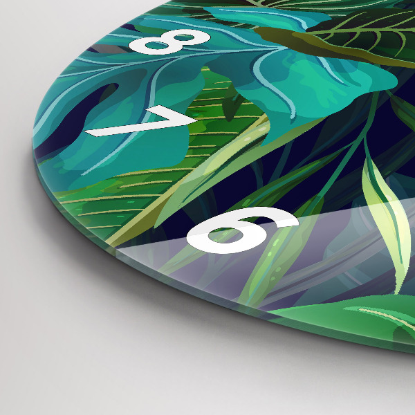 Round glass clock Exotic leaves