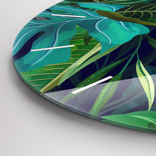Round glass clock Exotic leaves