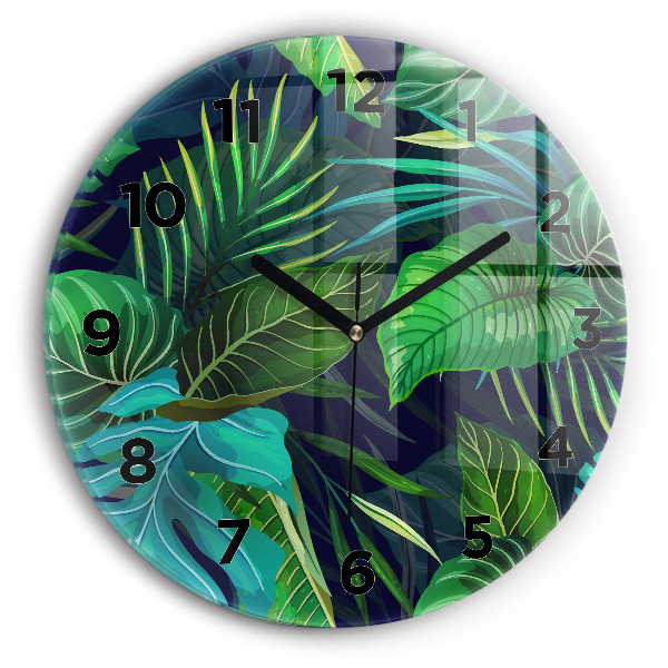 Round glass clock Exotic leaves