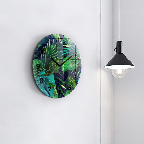 Round glass clock Exotic leaves