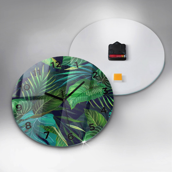 Round glass clock Exotic leaves