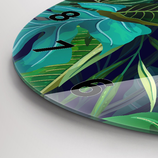 Round glass clock Exotic leaves