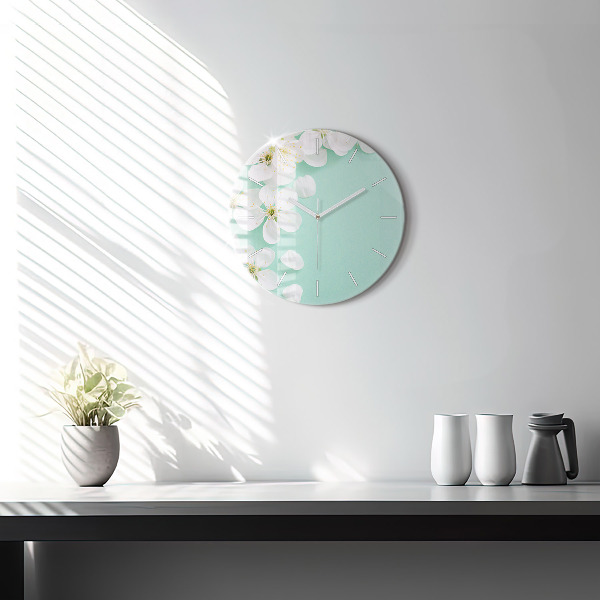 Round glass clock Blooming apple blossoms