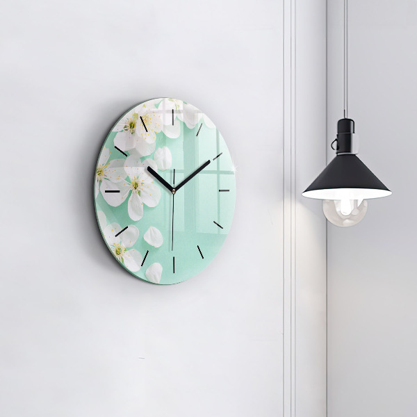 Round glass clock Blooming apple blossoms