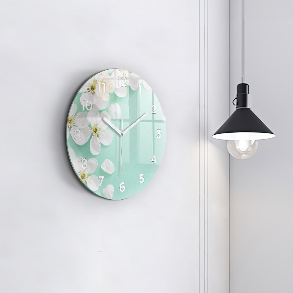 Round glass clock Blooming apple blossoms