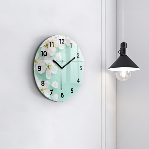 Round glass clock Blooming apple blossoms