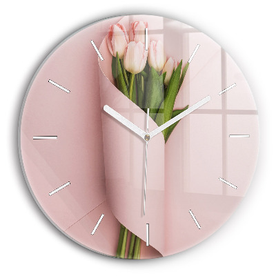 Round glass clock Tulip flower bouquet