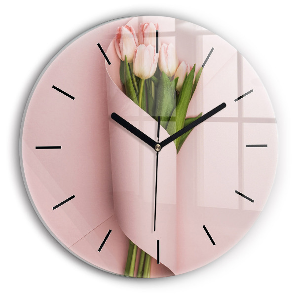 Round glass clock Tulip flower bouquet