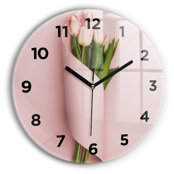 Round glass clock Tulip flower bouquet
