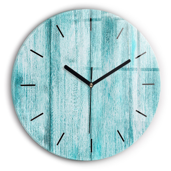 Round glass clock Blue old wood