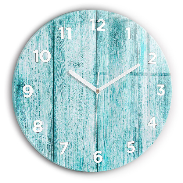 Round glass clock Blue old wood
