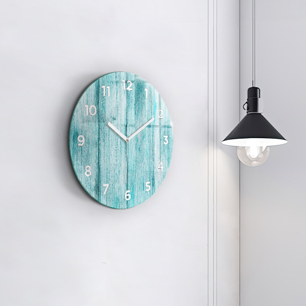 Round glass clock Blue old wood