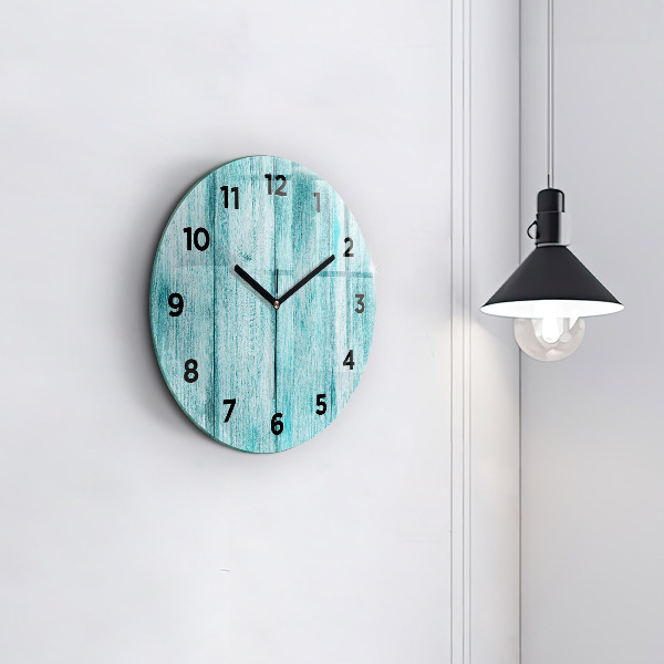 Round glass clock Blue old wood