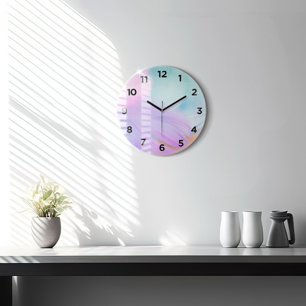 Round glass clock Colorful feathers