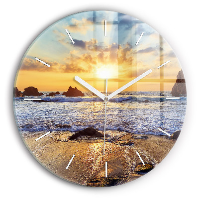 Round glass clock Sunset on the beach