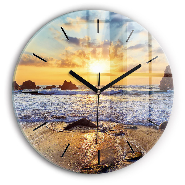Round glass clock Sunset on the beach