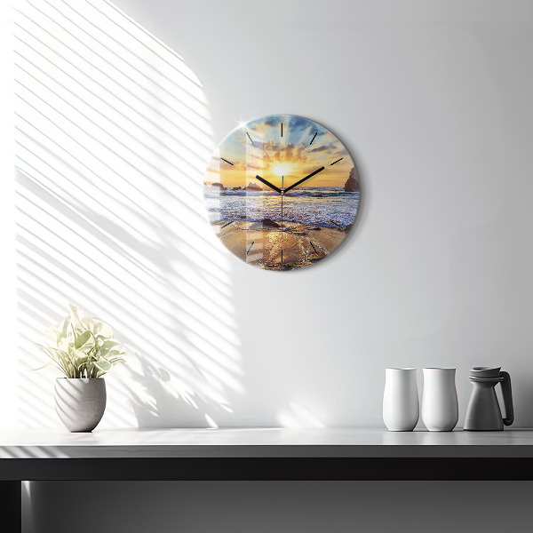 Round glass clock Sunset on the beach