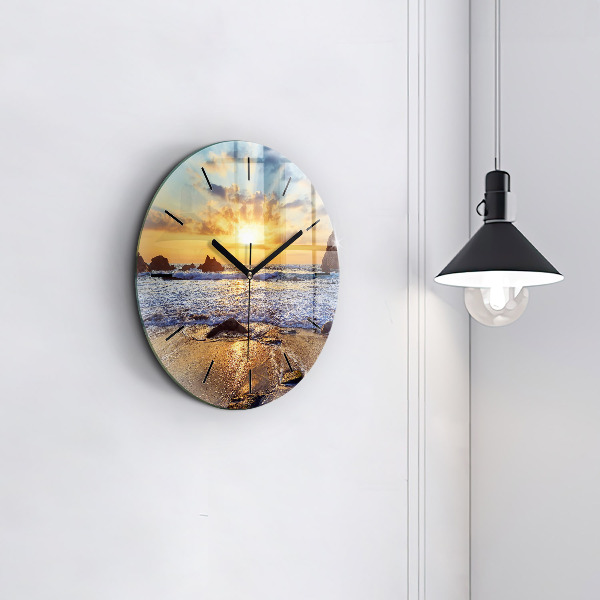 Round glass clock Sunset on the beach